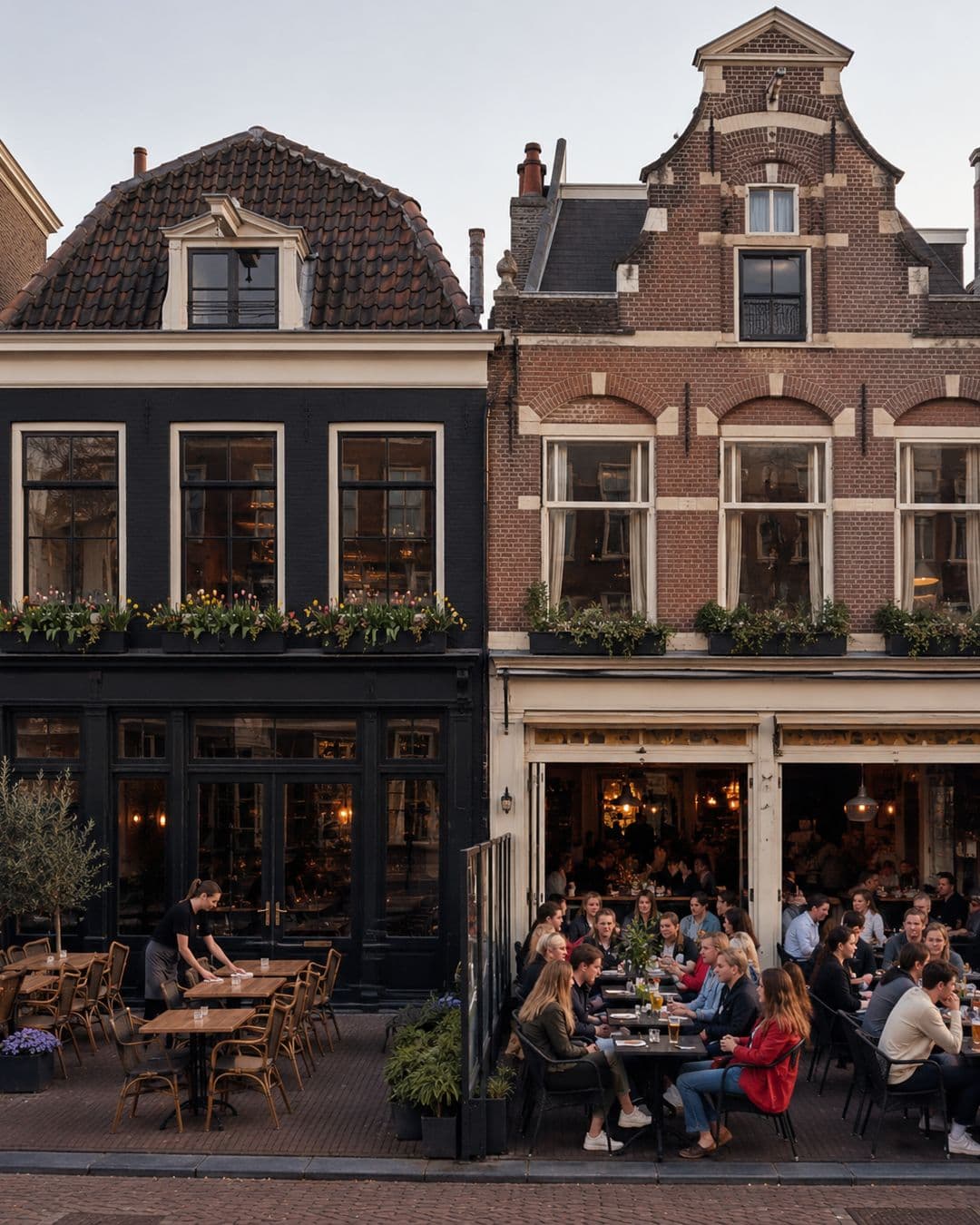 Vol terras op een zomeravond: gasten aan tafel voor twee horecazaken